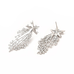 Platinum Rack Plating Brass Micro Pave Cubic Zirconia Stud Earrings for Women, Long-Lasting Plated, Lead Free & Cadmium Free, Meteor, Platinum, 42x17mm, Pin: 1mm