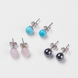 Mixed Stone Natural & Synthetic Mixed Stone Stud Earrings, with Brass Findings, Round, 6.5mm, 0.7mm