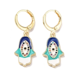 Turquoise Golden Brass Dangle Leverback Earrings, with Enamel and Cubic Zirconia, Hamsa Hand with Evil Eye, Turquoise, 23.5x11.5mm