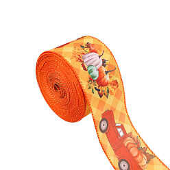 Pumpkin 10 Yards Thanksgiving Day Printed Polyester Ribbons, Flat, Pumpkin, 2-1/2 inch(63mm)
