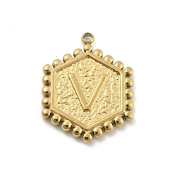 Letter V 201 подвески из нержавеющей стали, золотые, шестиугольник с подвеской в виде буквы, Буква V, 21x16.5x2 мм, отверстие : 1.5 мм