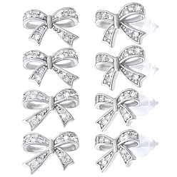 Platinum 4 Pairs Bowknot Brass Micro Pave Clear Cubic Zirconia Stud Earrings, with 925 Sterling Silver Pins, with 10Pcs Plastic Ear Nuts, Platinum, 6.5x9mm