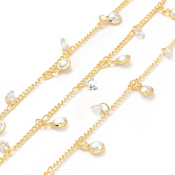 Golden Brass Curb Chains, with ABS Plastic Imitation Pearl & Glass Charms, Soldered, with Spool, Golden, 1.5mm