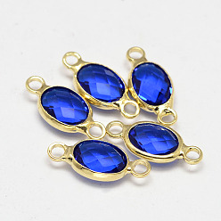 Blue Oval Faceted Golden Brass Glass Links connectors, Blue, 15x7x3.2mm, Hole: 1mm