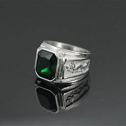 Темно-Зеленый Прямоугольные кольца из нержавеющей стали с кубическим цирконием для мужчин., рисунок дракона, цвет нержавеющей стали, темно-зеленый, размер США 304 (9 мм)