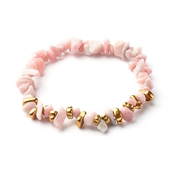 Pink Opal Natural Pink Opal Chip Beads Stretch Bracelets, with Non-magnetic Synthetic Hematite Beads, Inner Diameter: 2-1/8 inch(5.5cm)