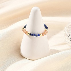 Lapis Lazuli Adjustable Natural Lapis Lazuli Beaded Stretch Rings for Women, Faceted Round, Golden, 21mm