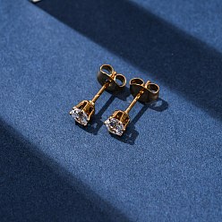 Настоящее золото 18K 304 Серьги-гвоздики из нержавеющей стали с прозрачным фианитом и микропаве, плоско-круглые, реальный 18 k позолоченный, 4.5 мм