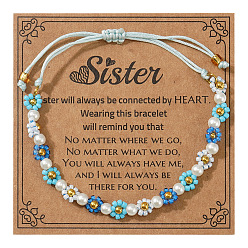 Светло-Голубой Богемный стиль стеклянные круглые бусины плетеные браслеты из бисера для женщин, маргаритка, с пластиковой имитацией жемчуга и поздравительной открыткой, Небесно-голубой, внутренний диаметр: 11 дюйм (28 см)