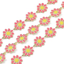 Розовый Латунные цепные цепи, с катушкой и эмалевой хризантемой, долговечный, без кадмия, без никеля и без свинца, несварные, туманная роза, 59x60 мм, около 32.81 футов (10 м) / рулон