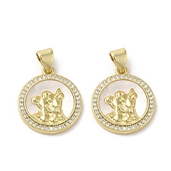 Flat Round Brass Micro Pave Clear Cubic Zirconia Pendants, with Shell, Real 18K Gold Plated, Human, Flat Round, Cadmium Free & Lead Free, 18.5x16x2.5mm, Hole: 3.5x4mm