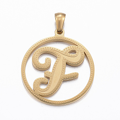 Golden Ionenbeschichtung (IP) 304 Edelstahlanhänger, flach rund mit letter.f, golden, 28x25x1.2 mm, Bohrung: 6x3 mm