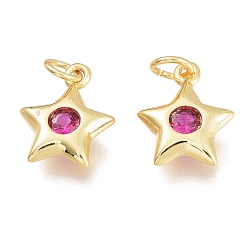 Ярко-Розовый Латунные микро проложить кубического циркония прелести, с целью перехода в кольце, звезды, золотые, ярко-розовый, 11.5x8.5x2.5 мм, отверстие: 1.5 мм перемычки: 3.5x0.8 мм