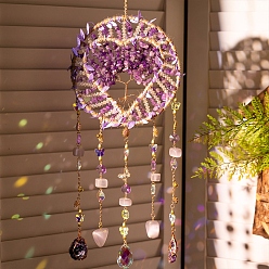 Pourpre Attrape-soleil suspendus en forme de cœur, éclats de pierres précieuses naturelles, avec des perles de verre, un anneau en fer, du fil de laiton et un alliage pour la décoration extérieure et de jardin, pourpre, 490~500mm