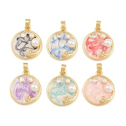 Mixed Color Brass Enamel Pendants, with ABS Plastic Imitation Pearl, Flat Round Charms, Real 18K Gold Plated, Mixed Color, 21.5x18.5x6.5mm, Hole: 4x3mm