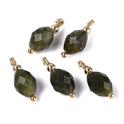 Southern Jade Colgantes de jade chino natural y jade del sur, encantos ovales, con fornituras de latón de tono de oro, facetados, 14~16x6~7 mm, agujero: 1.2~1.5 mm, sobre 5 unidades / bolsa