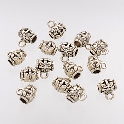 Antique Silver Charm Carrier Barrel Tibetan Silver Tube Bails, Loop Bails, Lead Free and Cadmium Free, Antique Silver, about Beads: 9mm long, 7.5mm wide, 3.5mm inner diameter, hole: 2mm
