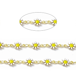 White Handmade Eanmel Daisy Flower Link Chains, with Real 18K Gold Plated Brass Findings, Soldered, with Spool, White, Link: 7.5x13x2mm