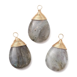 Лабрадорита Природные подвески лабрадорита, слезинки, с обмоткой из экологически чистой медной проволоки, золотой свет, 30.5~31x18x6.5~7 мм, отверстие : 3.5 мм