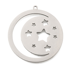 Нержавеющая Сталь Цвет 201 подвески из нержавеющей стали, лазерная резка, плоский круглый с подвеской в виде луны и звезды, цвет нержавеющей стали, 35x32x1 мм, отверстие : 1.5 мм