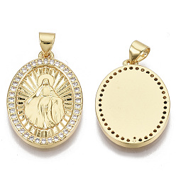 Clear Brass Micro Pave Cubic Zirconia Pendants, for Mother's Day, with Brass Snap on Bails, Oval with Virgin Mary, Golden, Clear, 23x17x2mm, Hole: 3x5mm
