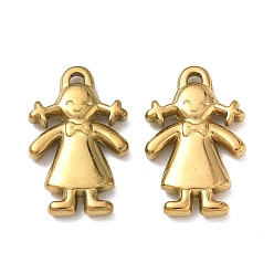 Real 18K Gold Plated 304 Stainless Steel Pendants, Girl with Bow Dress Charms, Ion Plating(IP), Real 18K Gold Plated, 23x14x3mm, Hole: 1.8x1.5mm