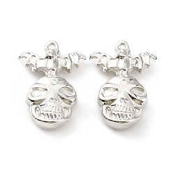 Platinum Halloween CCB Plastic Pendants, Skull with Bat Charm, Platinum, 32.5x23.5x7.5mm, Hole: 1.8mm