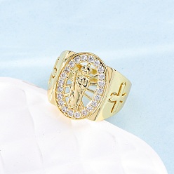 Настоящее золото 18K Кольца из латуни с микропаве из прозрачных кубических цирконий для женщин, овальные с Иисусом, стойки покрытие, без кадмия и без свинца, долговечный, реальный 18 k позолоченный, 18.3 мм, внутренний диаметр: 17.4 мм