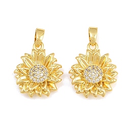 Real 18K Gold Plated Brass Micro Pave Clear Cubic Zirconia Pendants, Sunflower Charms, Real 18K Gold Plated, 17x14x4mm, Hole: 5x3mm