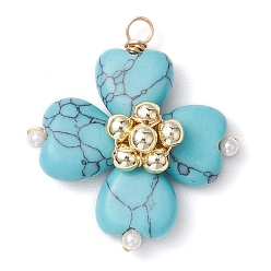 Синтетическая Бирюза Подвески из синтетического гематита с бирюзовым покрытием из медной проволоки, подвески с четырехлистным клевером, 28~29.5x26~27x9~10 мм, отверстие : 2 мм