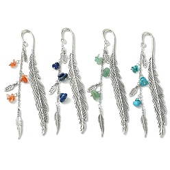 Mixed Color 4Pcs 4 Style Gemstone Chip Beaded Tassel Pendant Bookmarks, Alloy Feather Bookmarks, Mixed Color, 115mm, 1pc/style