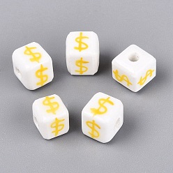 Amarillo Cuentas de porcelana hechas a mano, pintado a mano, famille porcelana rosa, cubo y símbolo de dólar, amarillo, 8~9x8~9x8~9 mm, agujero: 2~2.8 mm