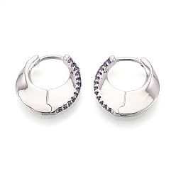 Платинированный Серьги-кольца с микропаве из латуни и циркониями в форме луны, Реальная платина, 15x15x2.5 мм