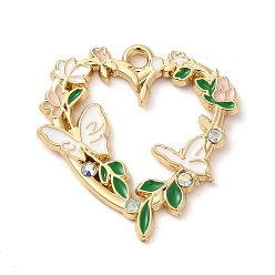 Белый Дым Подвески из эмали и сплава, со стразами, сердце с подвеской в виде цветка и бабочки, золотые, серый, 25x24x2 мм, отверстие : 1.8 мм