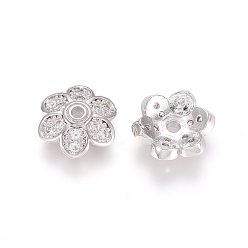 Platinum Brass Micro Pave Cubic Zirconia Bead Cap, 6-Petal, Flower, Clear, Platinum, 11.5x3.5mm, Hole: 1.6mm