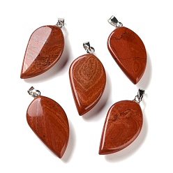 Piedra Roja Colgantes de jaspe rojo naturales, con 304 presas de acero inoxidable a presión, encanto de la hoja, 44~45x22~23x7~9 mm, agujero: 7x4 mm