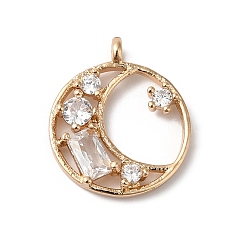 Golden Brass Micro Pave Clear Cubic Zirconia Pendants, Nickel Free, with Glass, Moon, Golden, 17x14x3mm, Hole: 1.2mm