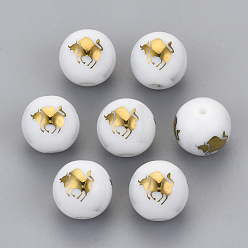 Taurus Electroplate Glass Beads, Round with Constellations Pattern, Golden Plated, Taurus, 10mm, Hole: 1.2mm