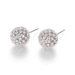 Platinum Brass Micro Pave Clear Cubic Zirconia Stud Earrings, Ball Stud Earrings, Platinum, 23.5x11.5mm, Pin: 0.8mm