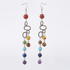 Mixed Stone Natural & Synthetic Mixed Stone Dangle Earrings, Chakras Style, with Brass Finding, 125mm, 110x16x8mm, Pin: 0.5mm