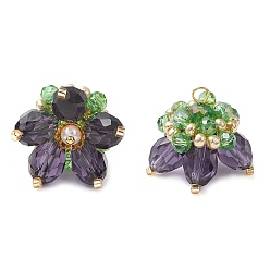 Индиго Прозрачные стеклянные подвески, цветочный шарм, со стеклянными жемчужными бусинами и латунными петлями, граненые, индиговые, 20x23x22 мм, отверстие : 2x3 мм