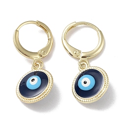 Dark Blue Golden Brass Dangle Leverback Earrings, with Enamel, Evil Eye, Dark Blue, 26.5x11mm