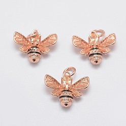 Rose Gold Brass Cubic Zirconia Pendants, with Enamel, Bees, Lead Free & Nickel Free & Cadmium Free, Rose Gold, 13.5x15.5x4mm, Hole: 2.5mm