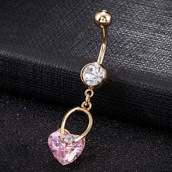 Pink Piercing-Schmuck, Messing Zirkonia Nabel Ring, Bauchringe, mit 304 Edelstahlleiste, cadmiumfrei und bleifrei, echt 18 k vergoldet, Herz, rosa, 47x10 mm, Stangenlänge: 3/8"(10mm), Stange: 14 Spurweite(1.6mm)