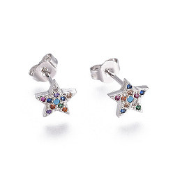 Platinum Brass Micro Pave Cubic Zirconia Stud Earrings, with Brass Ear Nuts, Star, Colorful, Platinum, 7x7.5mm, Pin: 0.7mm