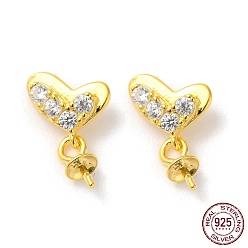 Real 18K Gold Plated 925 Sterling Silver Stud Earring Findings, Heart Dangle Earrings, with Cubic Zirconia, for Half Drilled Beads, Real 18K Gold Plated, 10x7.5x2mm, Pin: 0.6mm