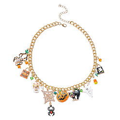 Golden Halloween Alloy Enamel Spider Pumpkin Multi Pendant Bib Necklaces for Women, with Rhinestone and Glass, Colorful, Golden, 15.75 inch(40cm)