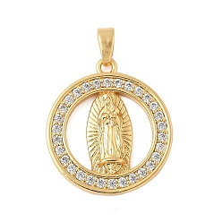 Настоящее золото 18K Латунные микропаве прозрачные подвески с фианитом, без кадмия и без свинца, религиозная тема, плоские круглые с Девой Марией, реальный 18 k позолоченный, 22x19.5x3 мм, отверстие : 4x2 мм