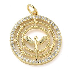 Настоящее золото 18K Стойки обшивки латунь кубического циркония подвески, долговечный, без свинца и без кадмия, плоский круглый с ангельскими подвесками, с целью перехода в кольце, реальный 18 k позолоченный, 21.5x19x3 мм, отверстие : 3 мм