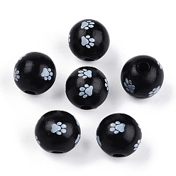 Black Spray Painted Wood Beads, Printed Beads, Round, Black, 15~16x14~15mm, Hole: 3~4mm